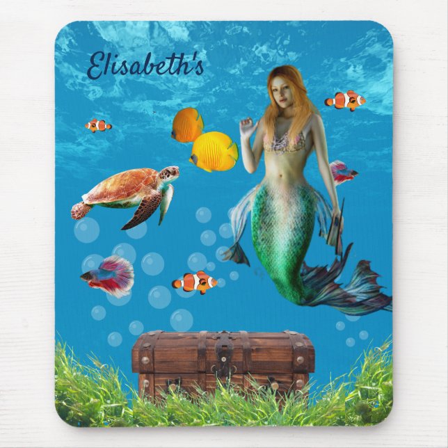 Underwater Mermaid Treasure Hunt Fantasy Blue Mouse Pad (Front)
