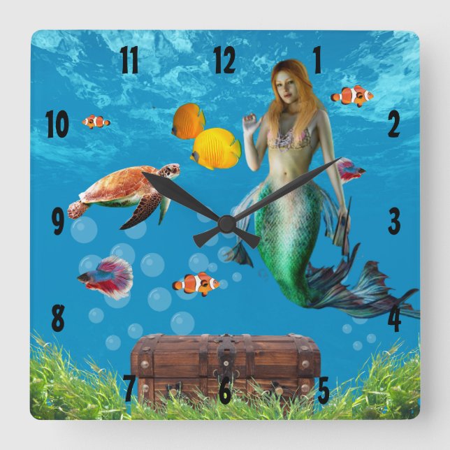 Underwater Mermaid Treasure Hunt Fantasy Blue Square Wall Clock (Front)