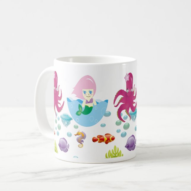 Underwater Pink Mermaid and Octopus Ocean Fantasy Coffee Mug (Front Left)