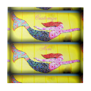 underwater pink mosaic mermaids swimming tile