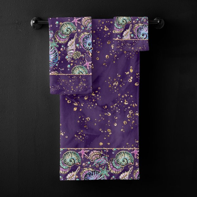 Underwater Purple Luxe | Dark Pastel Gold Sea Life Bath Towel Set (Creator Uploaded)