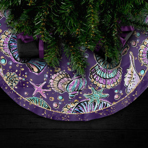 Underwater Purple Luxe Dark Pastel Gold Sea Life Brushed Polyester Tree Skirt