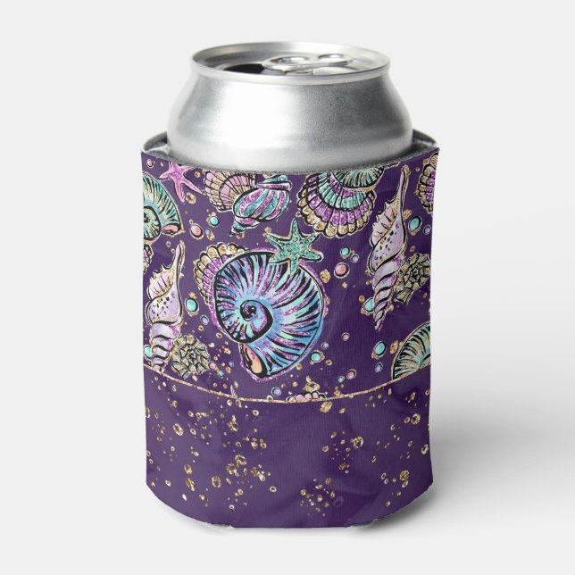 Underwater Purple Luxe | Dark Pastel Gold Sea Life Can Cooler (Can Front)