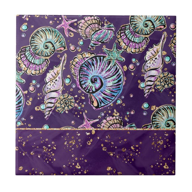 Underwater Purple Luxe | Dark Pastel Gold Sea Life Ceramic Tile (Front)