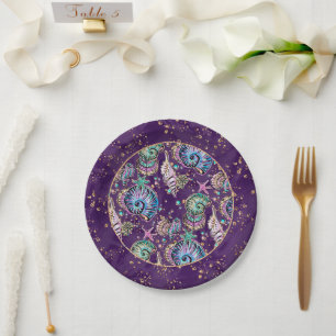Underwater Purple Luxe Dark Pastel Gold Sea Life Paper Plate