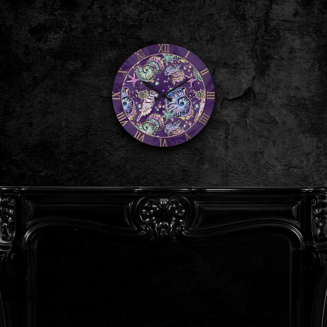 Underwater Purple Luxe | Dark Pastel Gold Sea Life Round Clock (Creator Uploaded)