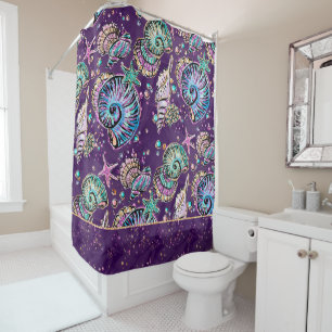 Underwater Purple Luxe Dark Pastel Gold Sea Life Shower Curtain