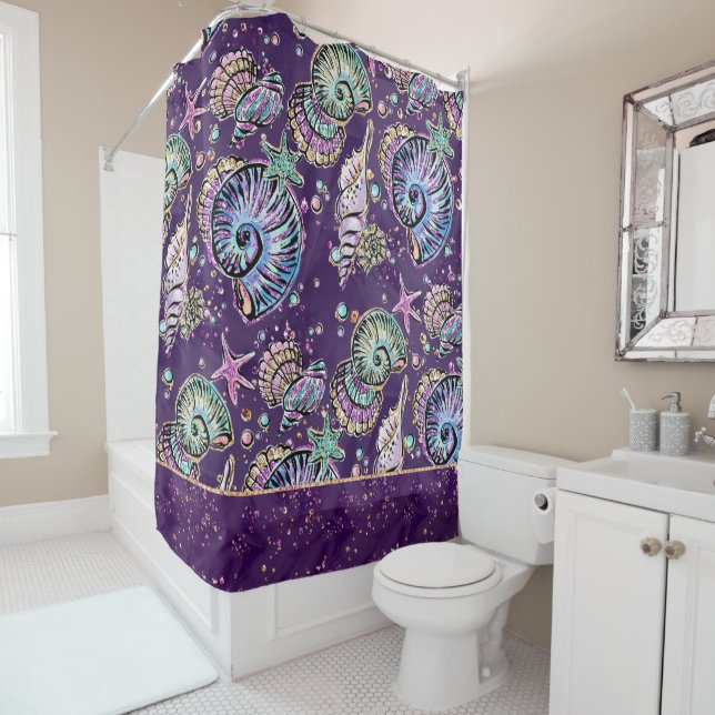 Underwater Purple Luxe | Dark Pastel Gold Sea Life Shower Curtain (In Situ)