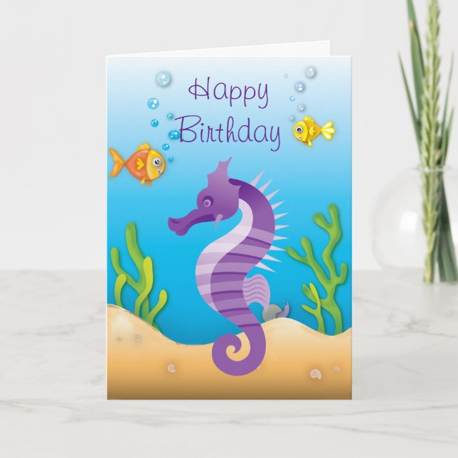 Underwater Purple Seahorse Birthday Card (Front)