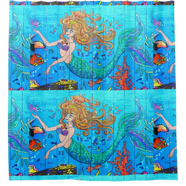 underwater redheaded mermaids with blue tails shower curtain (Front)