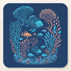 Underwater scenery colourful fishes and coral ree square paper coaster