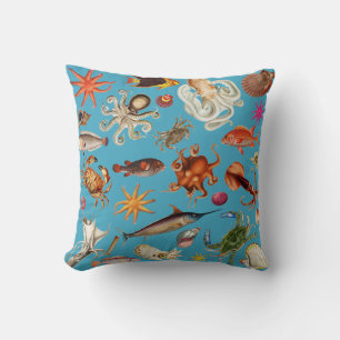 Underwater Sea Life Illustration Ocean Blue Cushion