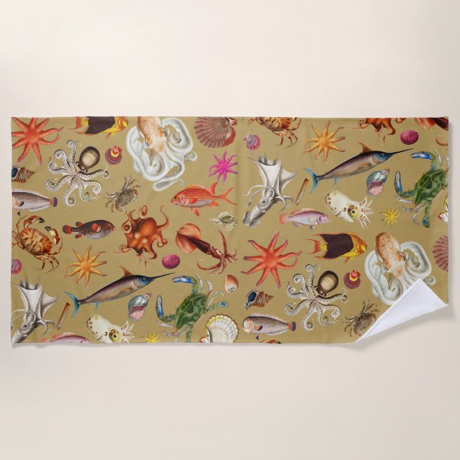 Underwater Sea Life Illustration Pattern Gold Beach Towel (Front)