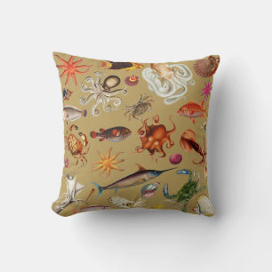 Underwater Sea Life Illustration Pattern Gold Cushion