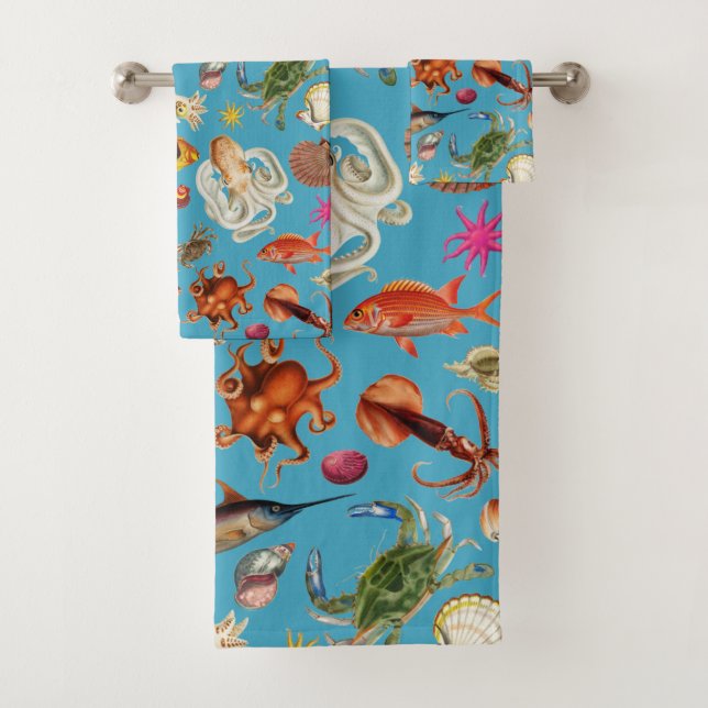 Underwater Sea Life Nautical Pattern Ocean Blue Bath Towel Set (Insitu)