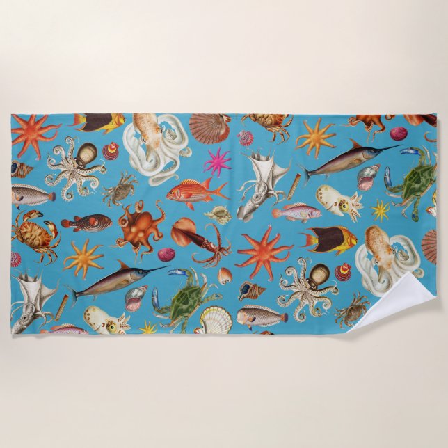 Underwater Sea Life Pattern Ocean Blue Beach Towel (Front)