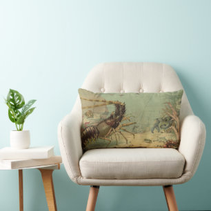 Underwater Sea Life Shrimp, Vintage Ocean Animals Lumbar Cushion