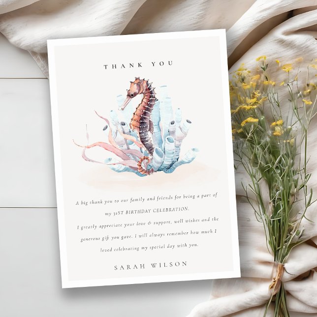 Underwater Seahorse Seaweed Coral Any Age Birthday Thank You Card (Creator Uploaded)