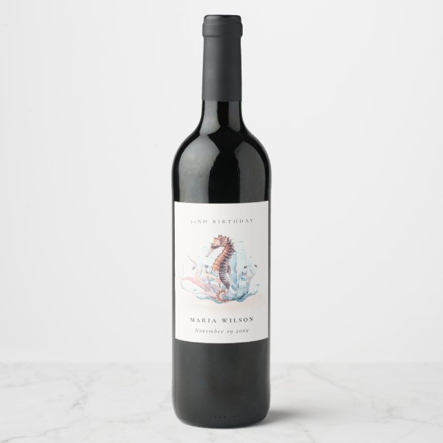 Underwater Seahorse Seaweed Coral Any Age Birthday Wine Label (Front)