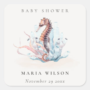 Underwater Seahorse Seaweed Coral Baby Shower Square Sticker