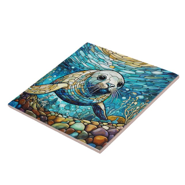 Underwater Seal Stained glass art Ceramic Tile (Side)