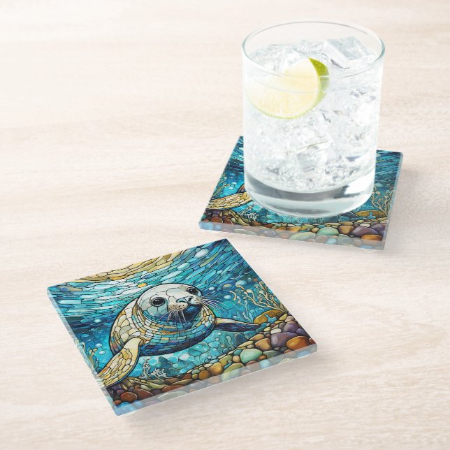 Underwater Seal Stained glass art Coaster (Angled)