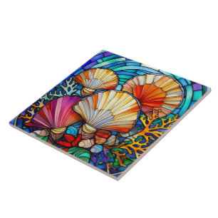 Underwater seashells and corals stained glass art ceramic tile