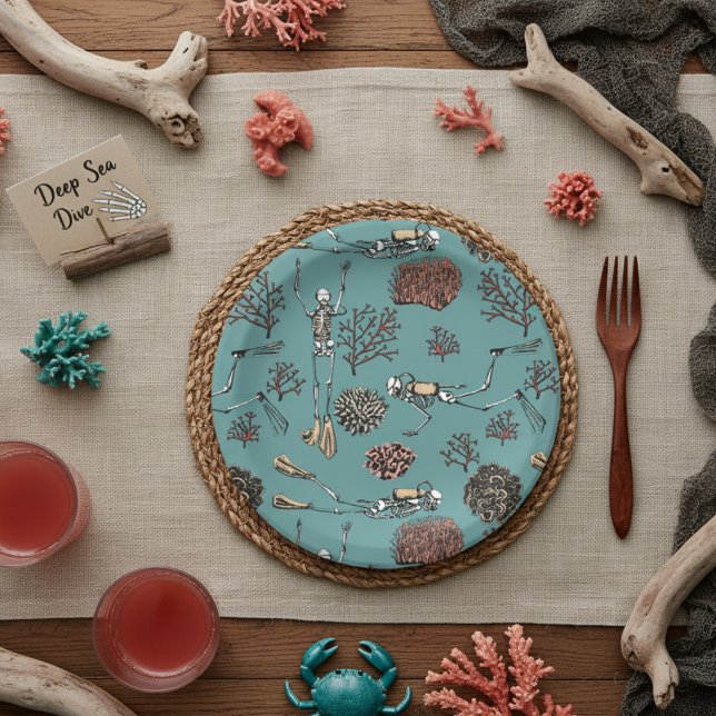 Underwater Skeleton Scuba Diving Teal Paper Plate (Teal Skeleton Scuba Diver Paper Plates. Ocean Underwater Drawing with Divers Swimming Among Coral)