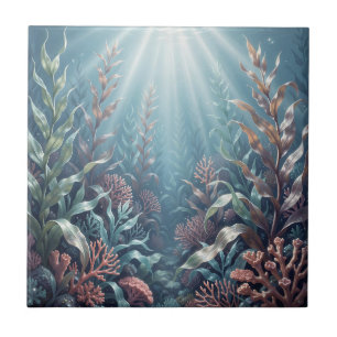 Underwater Sunbeams Coral Reef Seaweed Ocean Scene Ceramic Tile
