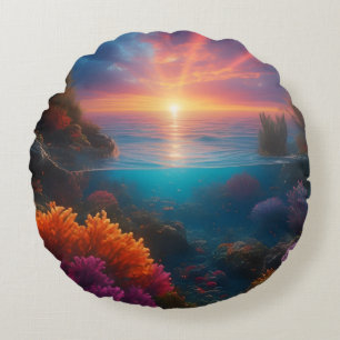 Underwater Sunset Tropical 1 Round Cushion
