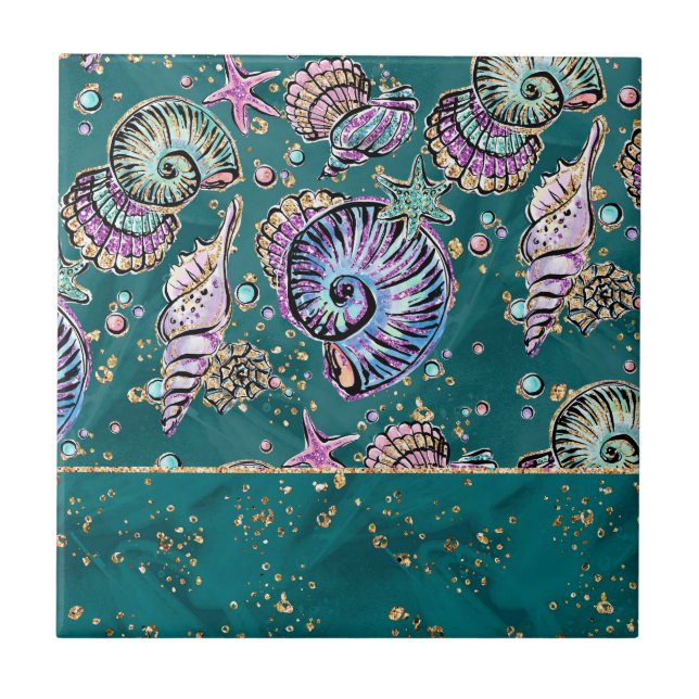 Underwater Teal Luxe | Green Pastel Gold Seashells Ceramic Tile (Front)