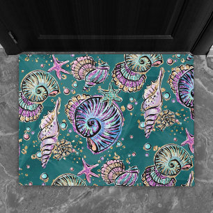 Underwater Teal Luxe   Green Pastel Gold Seashells Doormat