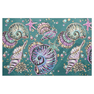 Underwater Teal Luxe   Green Pastel Gold Seashells Fabric