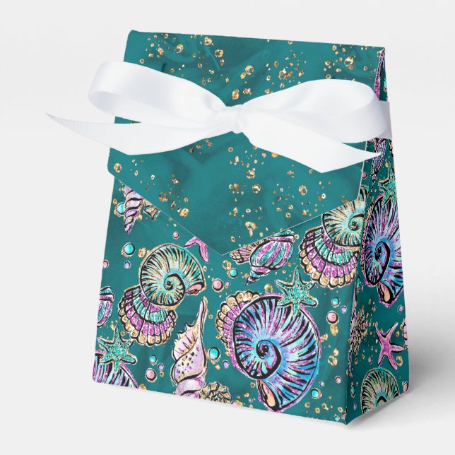 Underwater Teal Luxe | Green Pastel Gold Seashells Favour Box (Front Side)