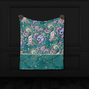 Underwater Teal Luxe   Green Pastel Gold Seashells Fleece Blanket