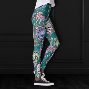 Underwater Teal Luxe   Green Pastel Gold Seashells Leggings