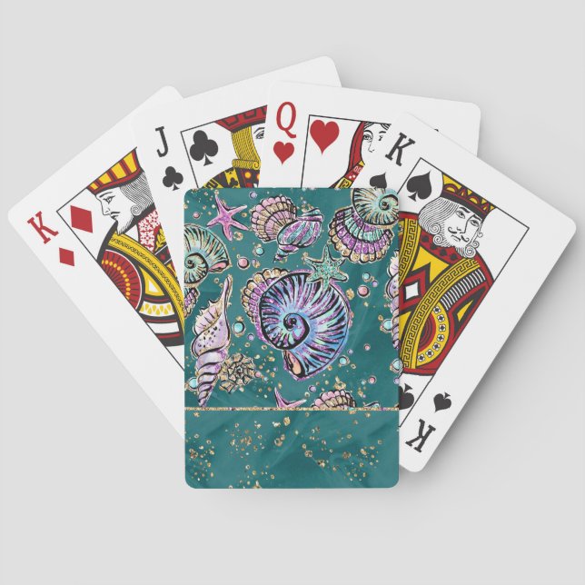Underwater Teal Luxe | Green Pastel Gold Seashells Playing Cards (Back)