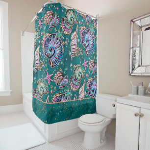 Underwater Teal Luxe Green Pastel Gold Seashells Shower Curtain