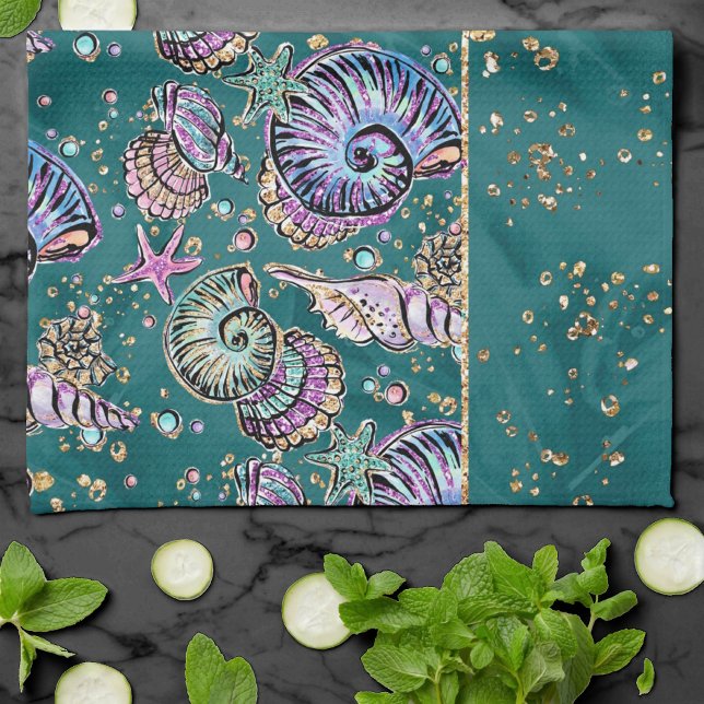 Underwater Teal Luxe | Green Pastel Gold Seashells Tea Towel (Creator Uploaded)
