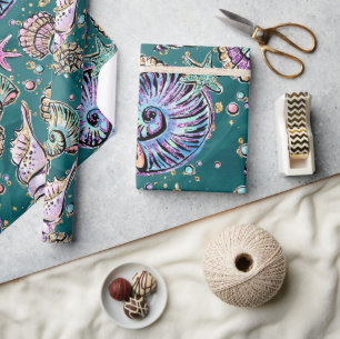 Underwater Teal Luxe   Green Pastel Gold Seashells Wrapping Paper
