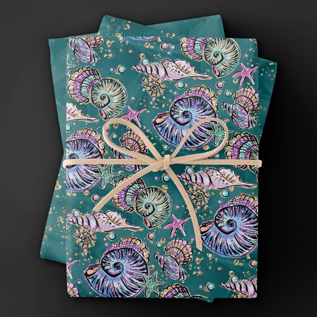 Underwater Teal Luxe | Green Pastel Gold Seashells Wrapping Paper Sheet (Creator Uploaded)