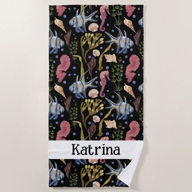 Underwater Treasures - Fish, Seahorses, Shells Beach Towel (Front)