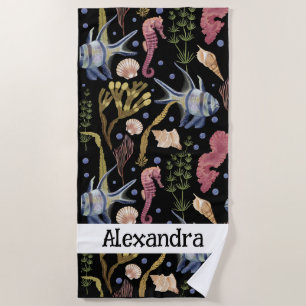 Underwater Treasures - Fish, Shells, Sea Horses Beach Towel