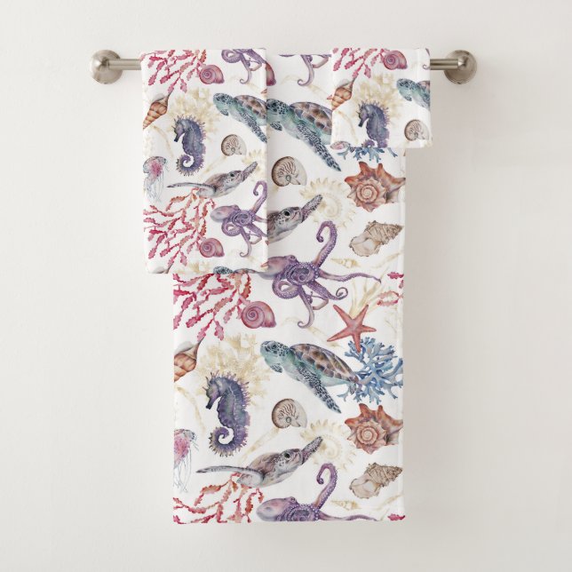 Underwater Watercolor Composition Series Design 1  Bath Towel Set (Insitu)