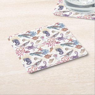 Underwater Watercolor Composition Series Design 1 Square Paper Coaster