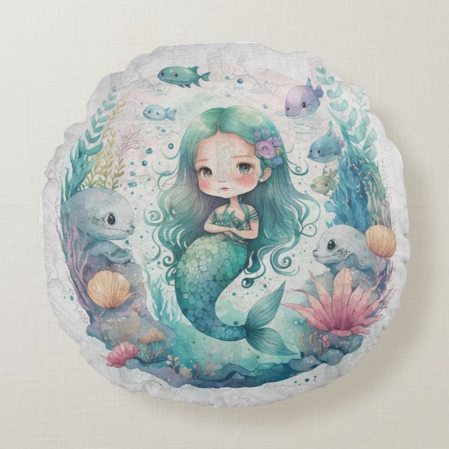  underwater world Mermaid in seaweed Round Cushion (Front)