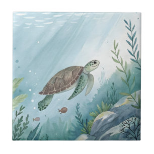 Underwater world with turtle ceramic tile