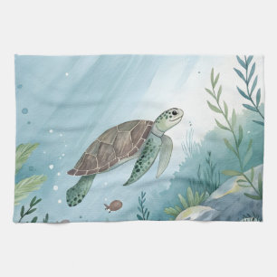 Underwater world with turtle tea towel