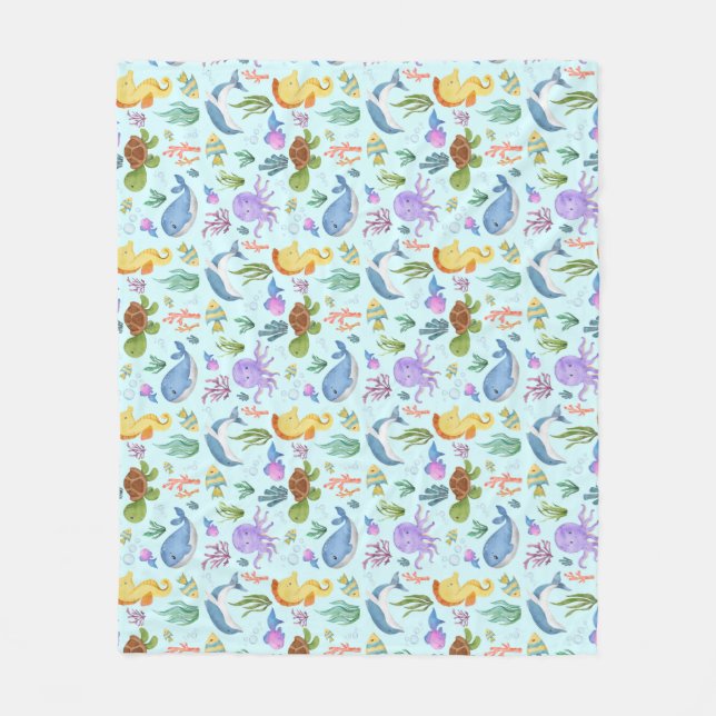 Underwater wrapping paper, ocean sea creatures fleece blanket (Front)