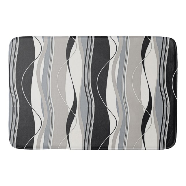 Undulating Waves Black Grey & White Bath Mat (Front)